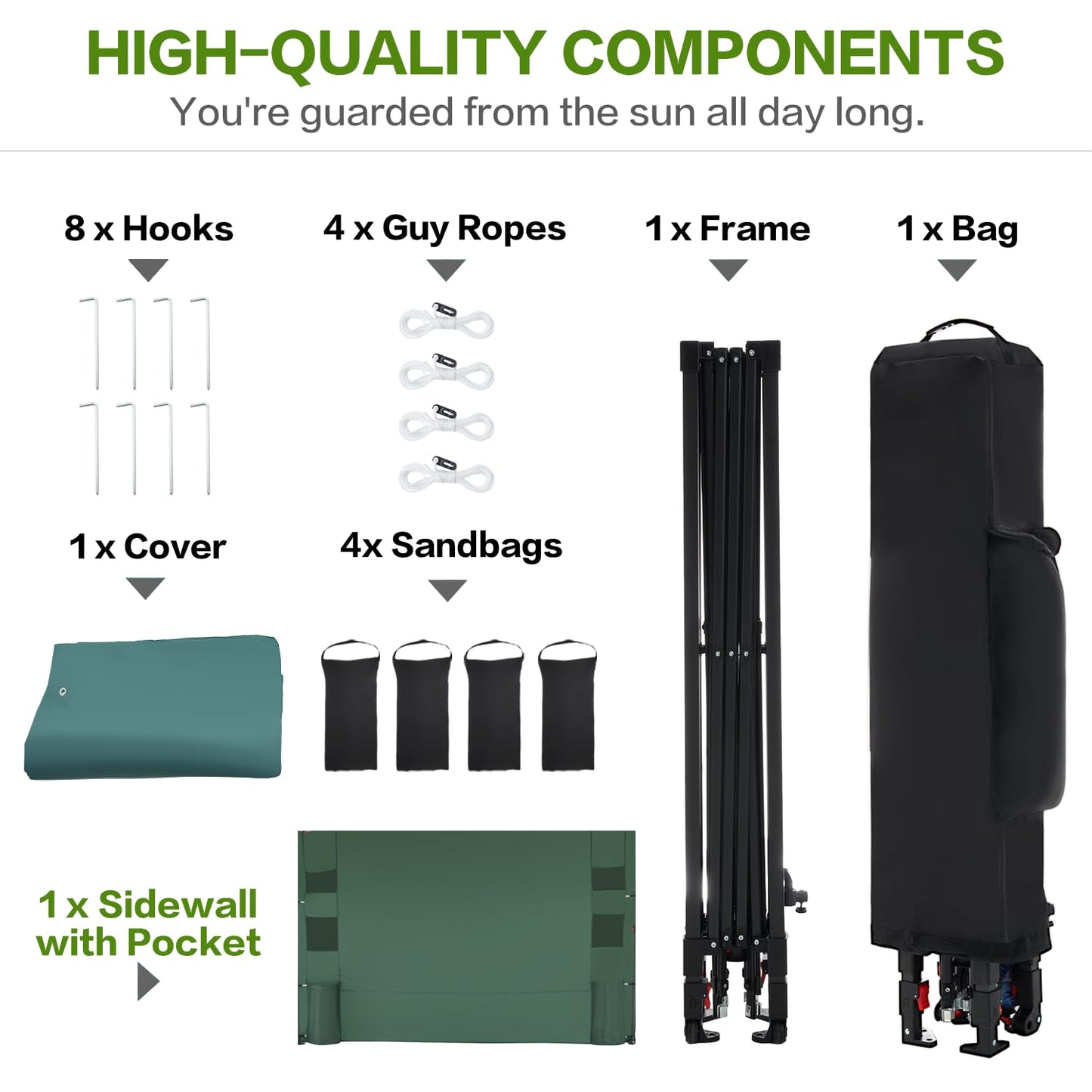 Tunbne 10'x10' Pop Up Canopy Tent with 1 Sidewall and 6 Pockets, One Push Setup, Instant Shade Tent with Vented Roof for Beach Patio Outdoor, Case, 8 Stakes, 4 Ropes, 4 Sandbags (Green, 10x10)
