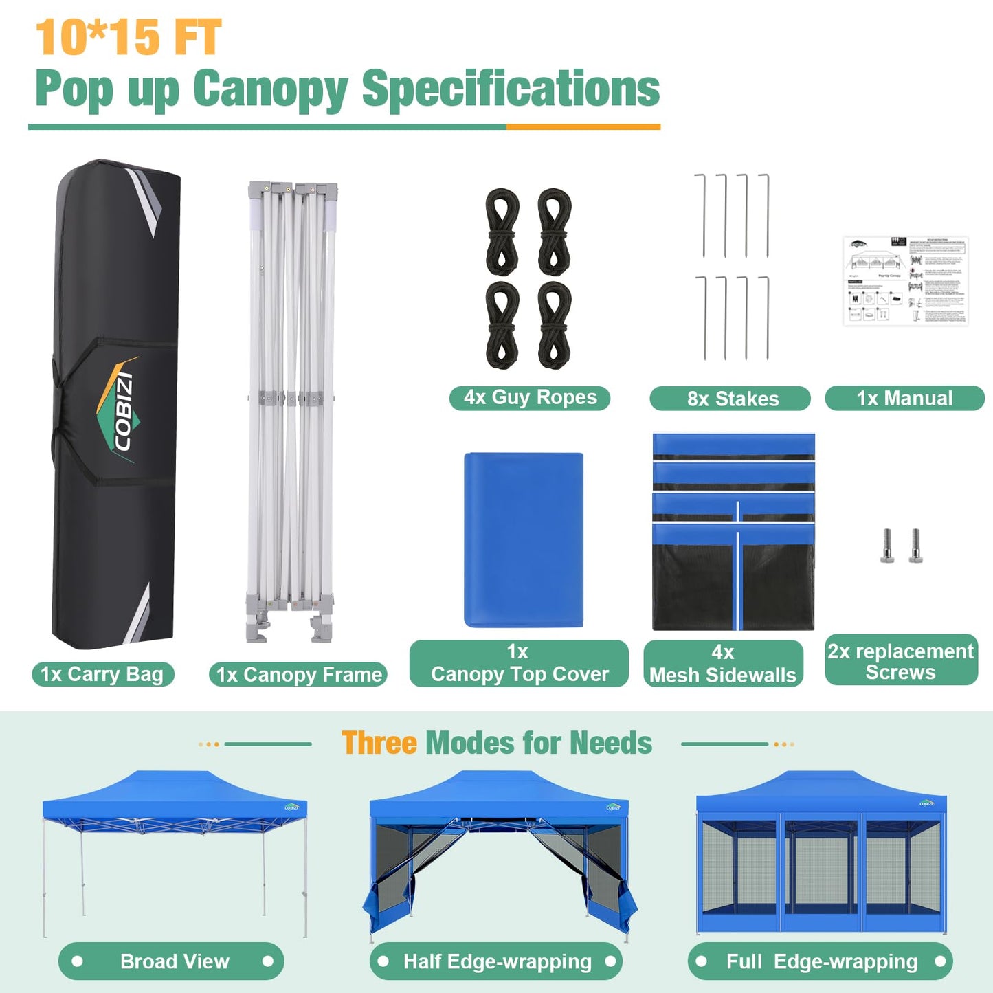 COBIZI 10x15 Canopy Tent, Heavy Duty Pop up Canopy with Sidewalls, Waterproof Easy Setup Canopy with Mosquito Netting, Outdoor Instant Screen Tents for Parties, Wedding, Backyard with Carry Bag, Blue