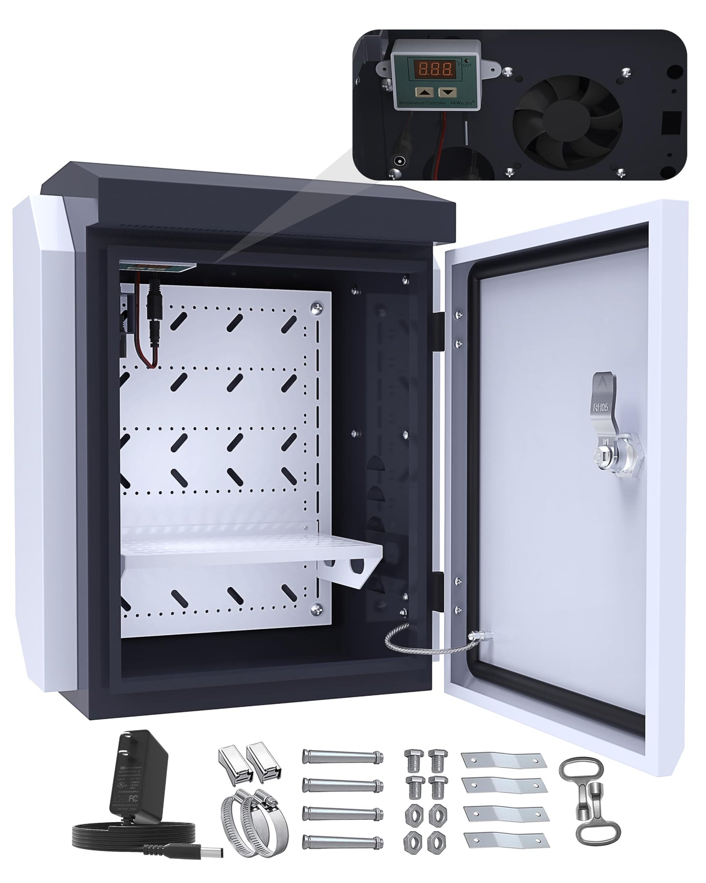 Akwscyby Outdoor Electrical Box with Thermostat and Fan, Precise Temperature Control 0.1°F, IP65 Water Resistant Rating, Galvanized Steel, Aluminum Rear Beam(17.7"x13.4"x9.0")