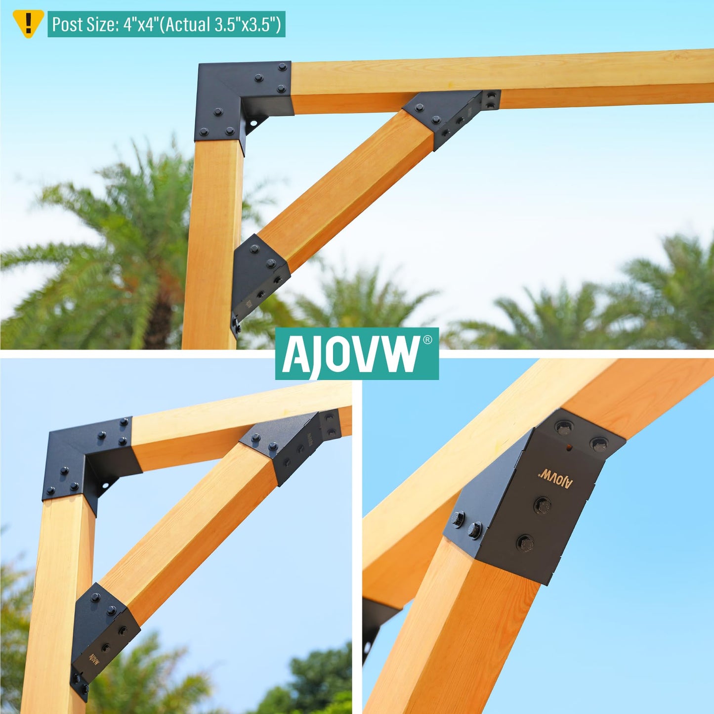 AJOVW-8-Piece 4x4 Pergola Diagonal Brace Angle Plate, Stainless Steel 45 Degree Angle Support Bracket, for Gazebos, Garages, Patios, Sheds, Gardens, and Other Applications.(Actual Size: 3.5" × 3.5" )