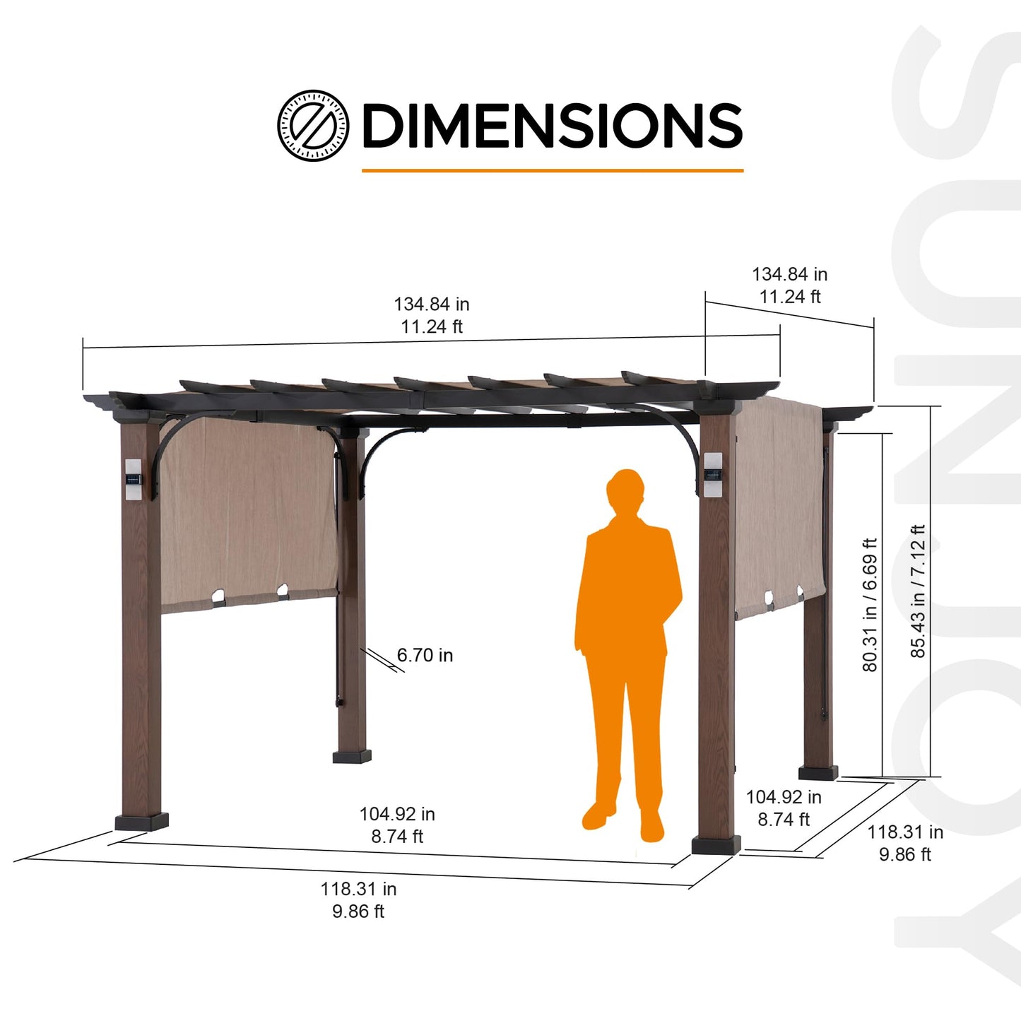 SUNJOY Outdoor Pergola 11 x 11 ft. Steel Pergolas with Sliding Canopy and Solar Lights for Patio, Backyard, Garden Activities