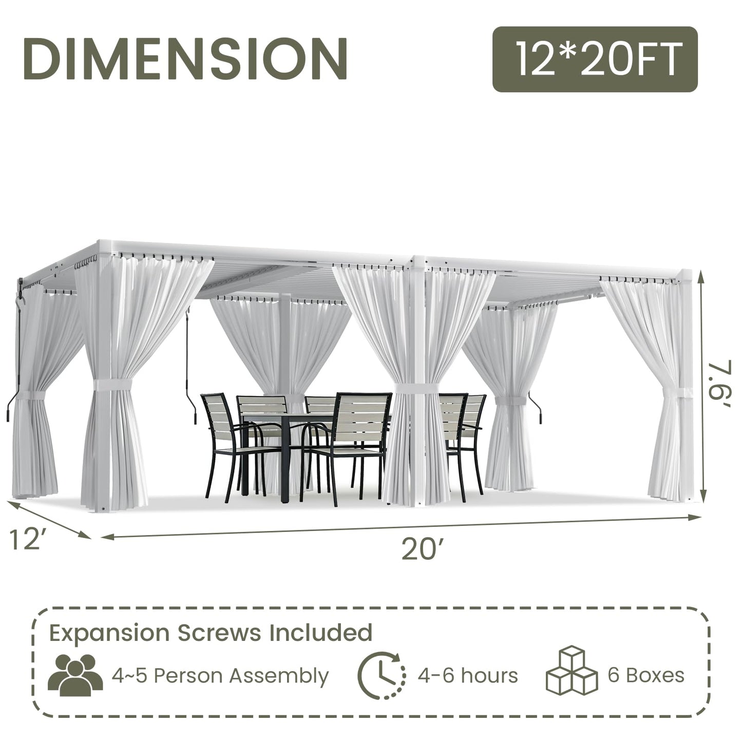 SAILARY Louvered Pergola 12' x 20' with Waterproof Curtains, Large Outdoor Aluminum Pergola with Reinforced Steel Roof, Heavy-Duty Hardtop Gazebo, Privacy Shaded Shelter, White