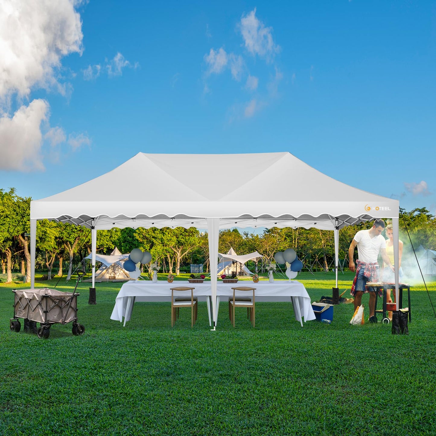 HOTEEL 10x20 Pop Up Canopy, Outdoor Easy Setup Party Tent, Waterproof Portable Enclosed Event Shelter with Wheeled Bag, Weight Bag for Backyard, Vendor, White