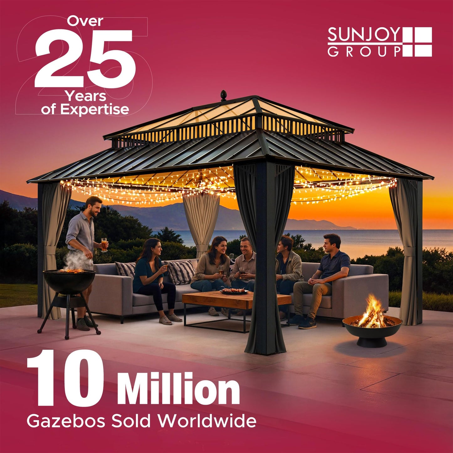 Sunjoy 9 ft. x 9 ft. Gazebo with 2-Tier Canopy Roof, Steel Frame Soft top Gazebo with Ceiling Hook and Mosquito Netting, Tan and Black