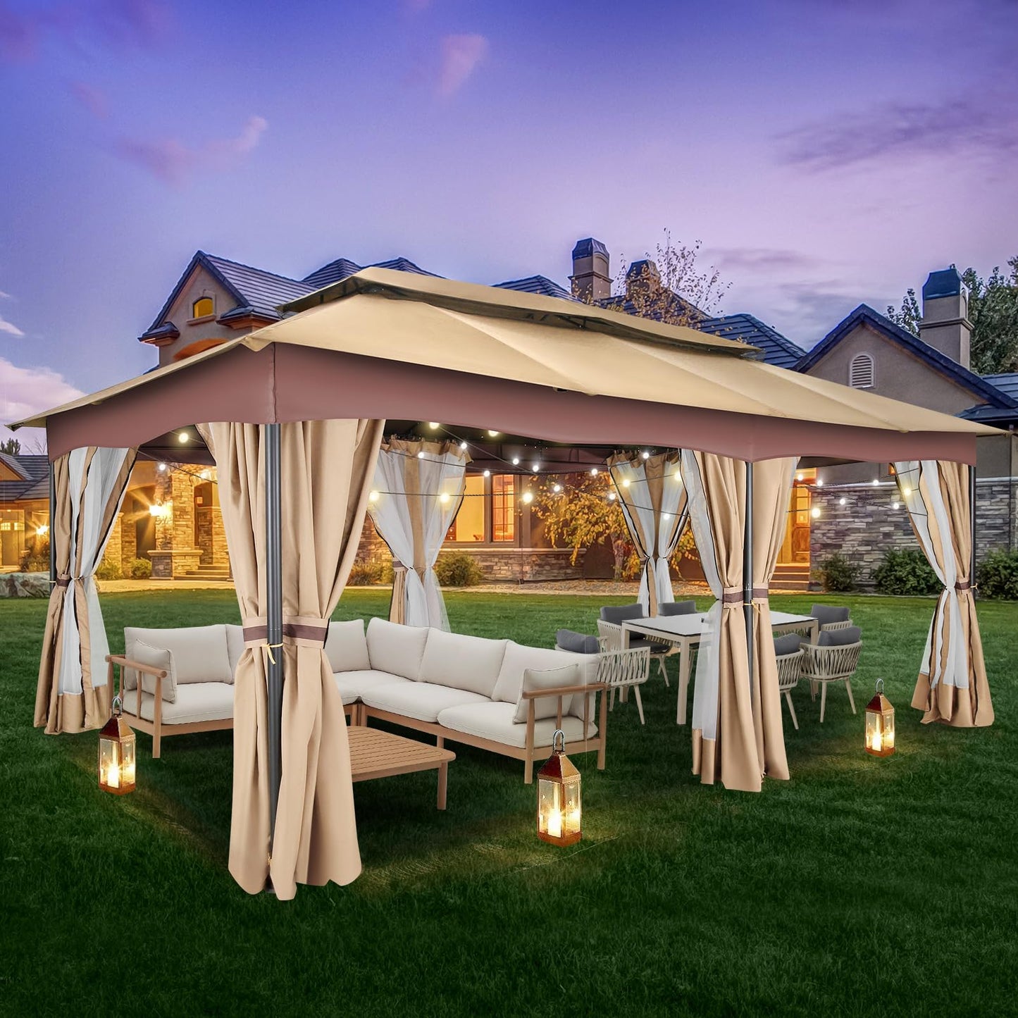 HOTEEL Gazebo 12x20, Outdoor Gazebo on Clearance with Double Ventilated Arc Roof, Privacy Curtains & Mosquito Netting, Easy Set up Canopy Tent with Stable Metal Frame for Patio, Khaki (Upgraded 2.0)