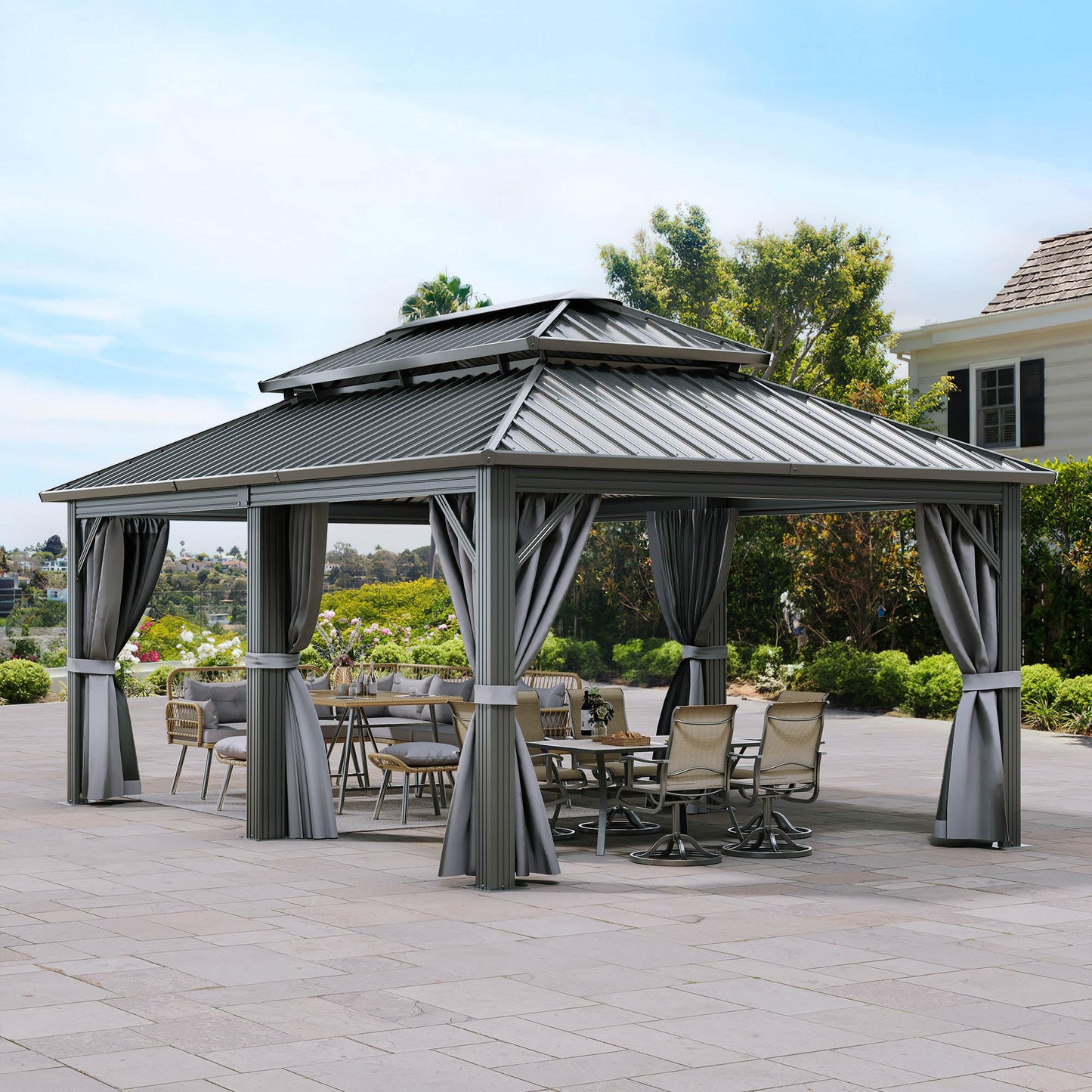 YITAHOME 12X18FT Metal Hardtop Gazebo Double Roof Canopy Galvanized Iron Aluminum Garden Gazebo Curtains Netting for Patios Backyards Decks Lawns