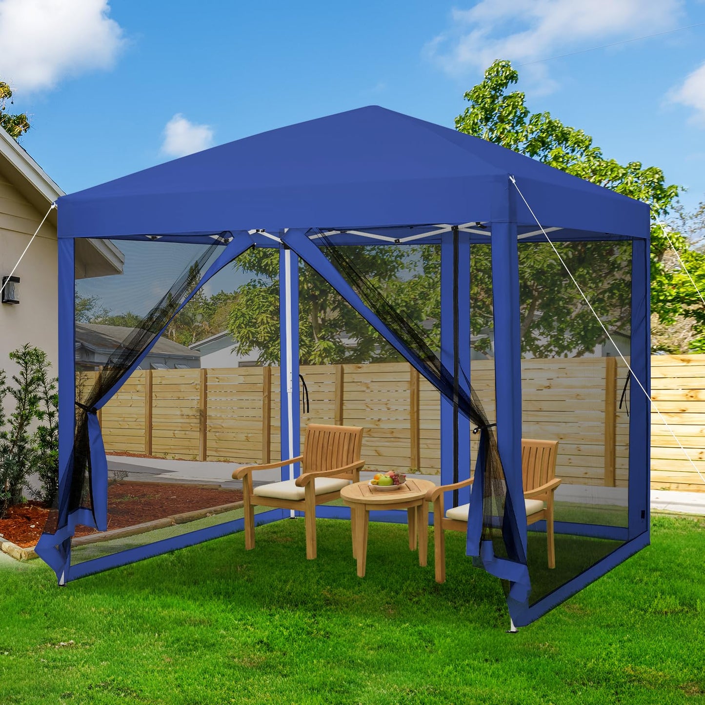 GarveeLife 8 ft x8 ft Instant Pop-Up Canopy Tent with Removable Mosquito Netting & 2 Zipper Doors, Portable Outdoor Shelter for Camping, Backyard, Picnic - Includes Wheeled Carry Bag (Blue)