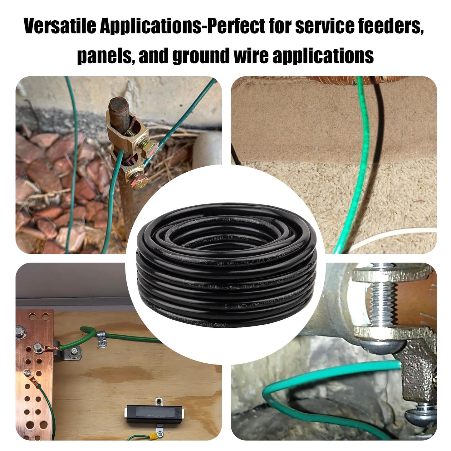 XRDS -RF THHN Wire 50FT, 3AWG Stranded Copper THHN Electrical Wire, Black Nylon-Coated Thermoplastic Insulated Cable for Indoor Conduit Wiring, 600V Rated