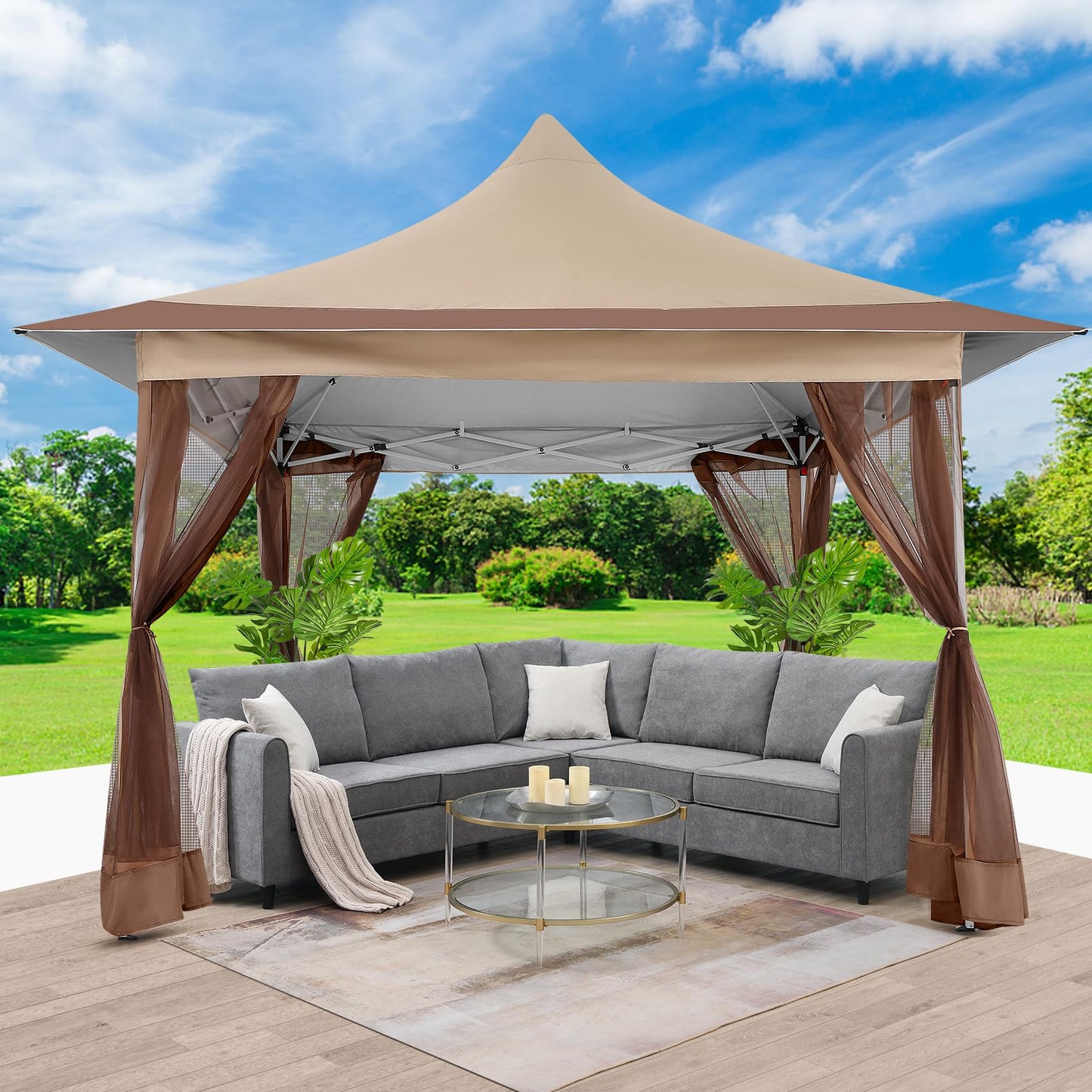 COBIZI 12x12 Pop up Canopy Gazebo on Clearance, Outdoor Canopy Tent with Mosquito Netting & Sandbags,Patio Portable Gazebo for Garden,Backyard & Lawn,Khaki