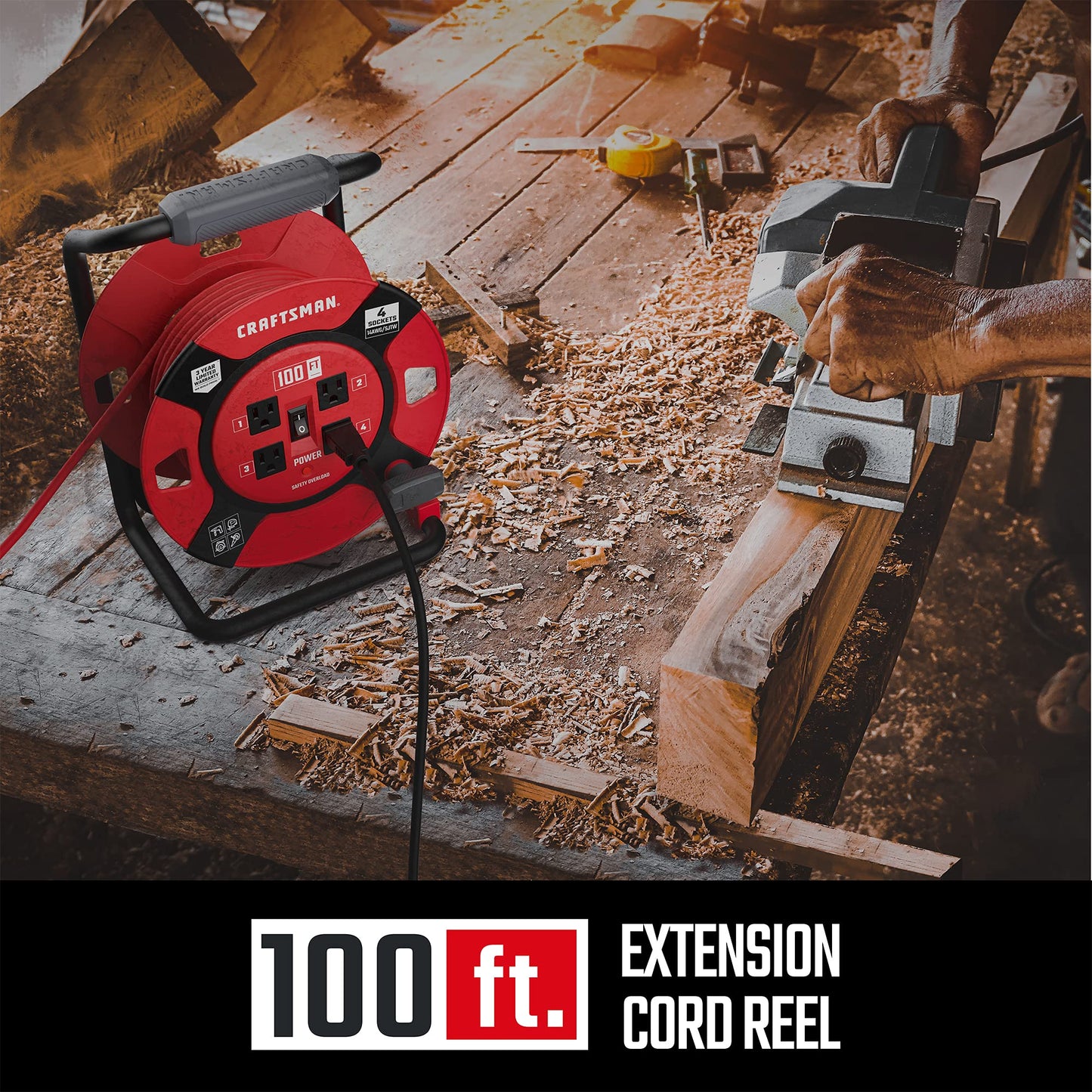 CRAFTSMAN 100 Ft. Retractable Extension Cord Reel With 4 Outlets & Heavy Duty 14AWG SJTW Cable
