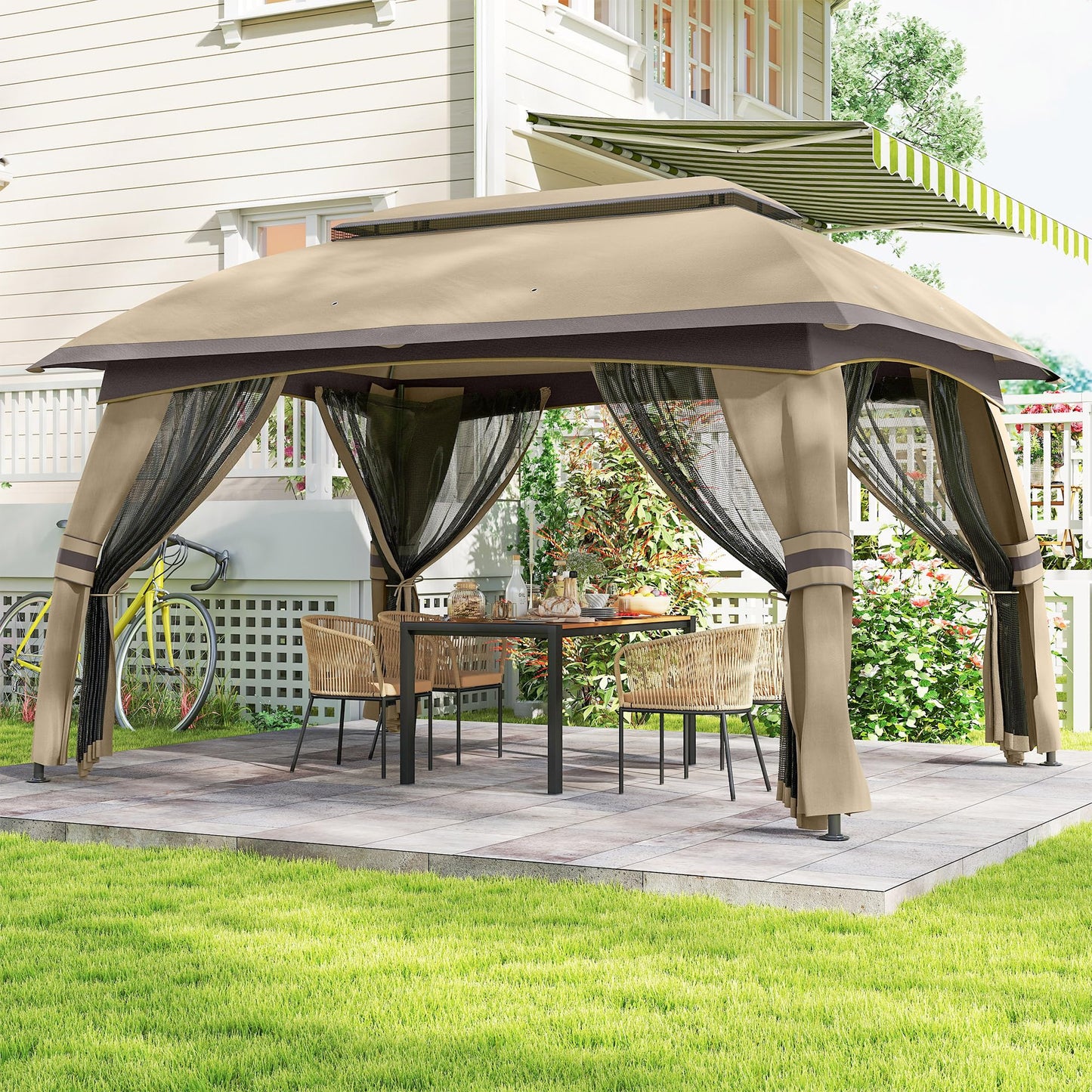 Outsunny 10' x 13' Patio Gazebo, Outdoor Gazebo Canopy Shelter with Netting, Vented Roof, Steel Frame for Garden, Lawn, Backyard, and Deck, Beige