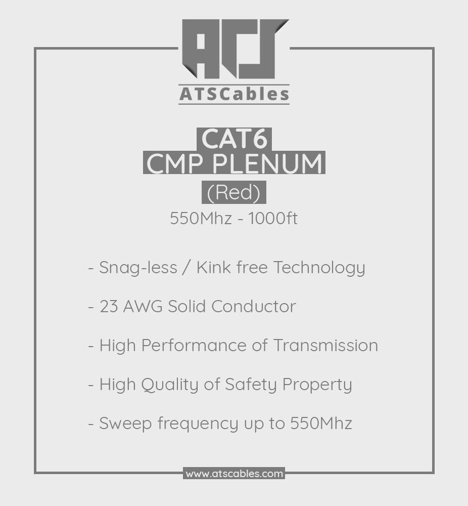 ATS Cables | CAT6 Plenum (CMP) Cable 1000FT | DSX-8000 Network Analyzer Test Passed | 23AWG UTP 4Pair, Solid 550MHz Ethernet Cables 10Gb, Available in 9 Colors (Red, 1000ft)