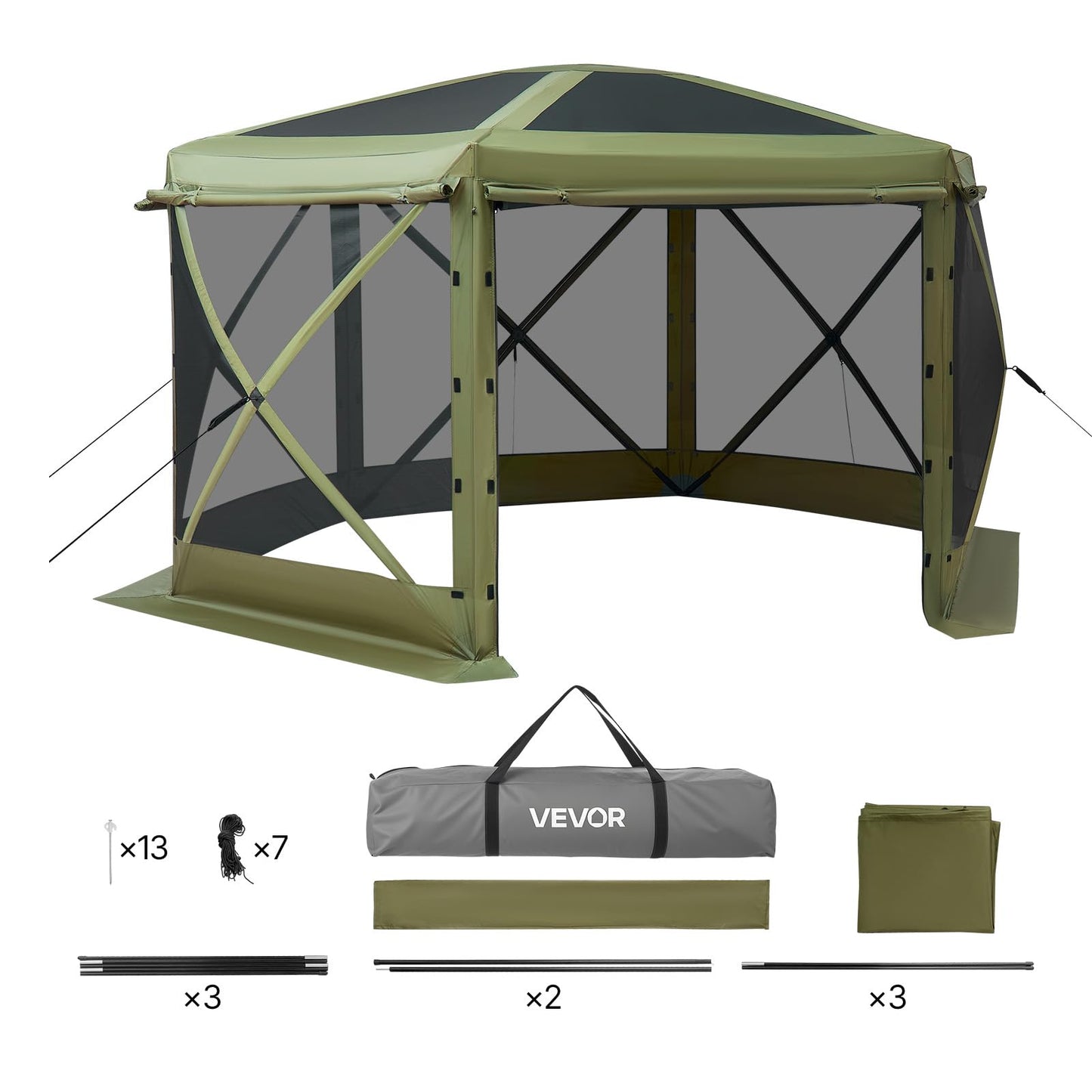 VEVOR Pop up Gazebo Screen Tent, 12 x 12 ft Large 6-Sided Camping Canopy Tent with Removable Top & Carry Bag, Quick-Set & Bite-Proof, Screen House Sun Shelter for 8-10 Persons Backyard Patio, Green