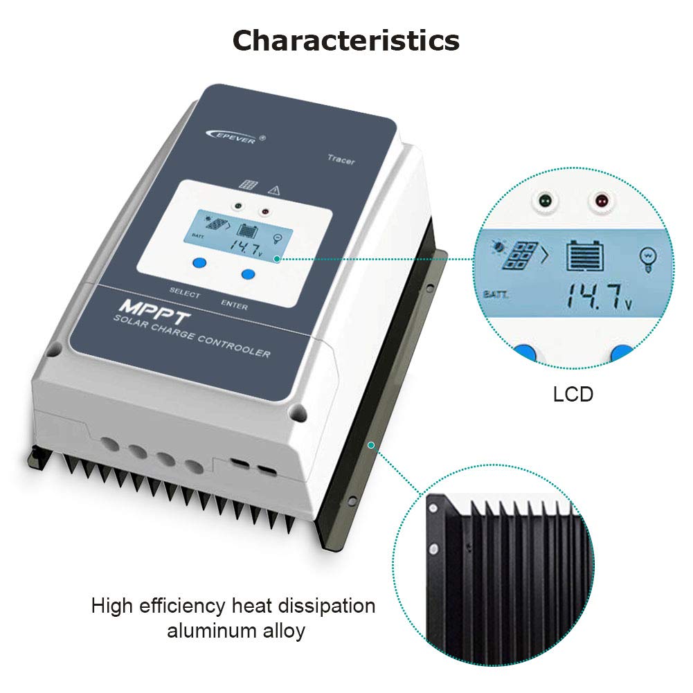 EPEVER 50A MPPT Solar Charge Controller 12/24/36/48VDC Automatically Identifying System Voltage with MT52 Remote Meter & Temperature Sensor RTS & Communication Cable RS485