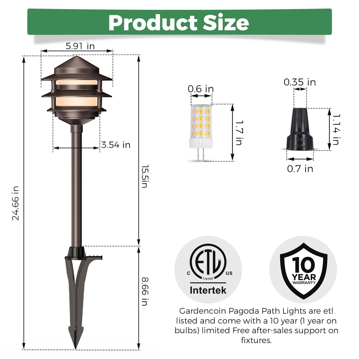 Gardencoin Pagoda Low Voltage Landscape Pathway Lights, 12V Outdoor LED Path Lights Wired, Aluminum Walkway Lighting with 4W 2700K Replaceable G4 Bulb, Bronze Classic 3-Tier Lantern, 12 Pack