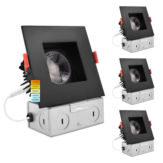 Luxrite 4 Inch Square LED Recessed Lighting with Junction Box, 15W, 5 Color Selectable 2700K-5000K, 1100 Lumens, 40° Spotlight, Dimmable Downlight, Wet Rated, IC Rated - Black Trim (4 Pack)