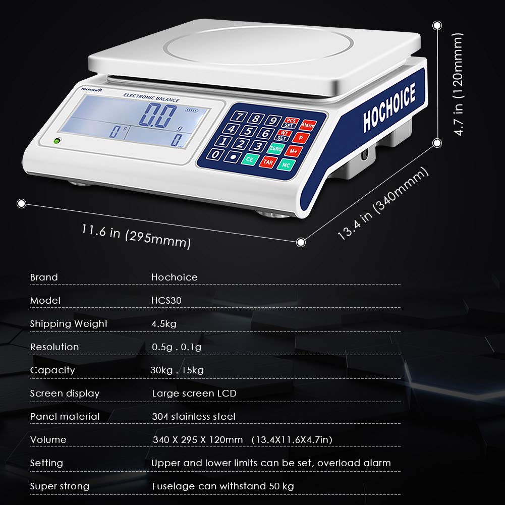 Hochoice Industrial Counting Scale Gram Scales for Parts and Coins 66lb/0.00022lb-30kg / 0.1g Accuracy with RS232 Port for Connecting Computer or Printer
