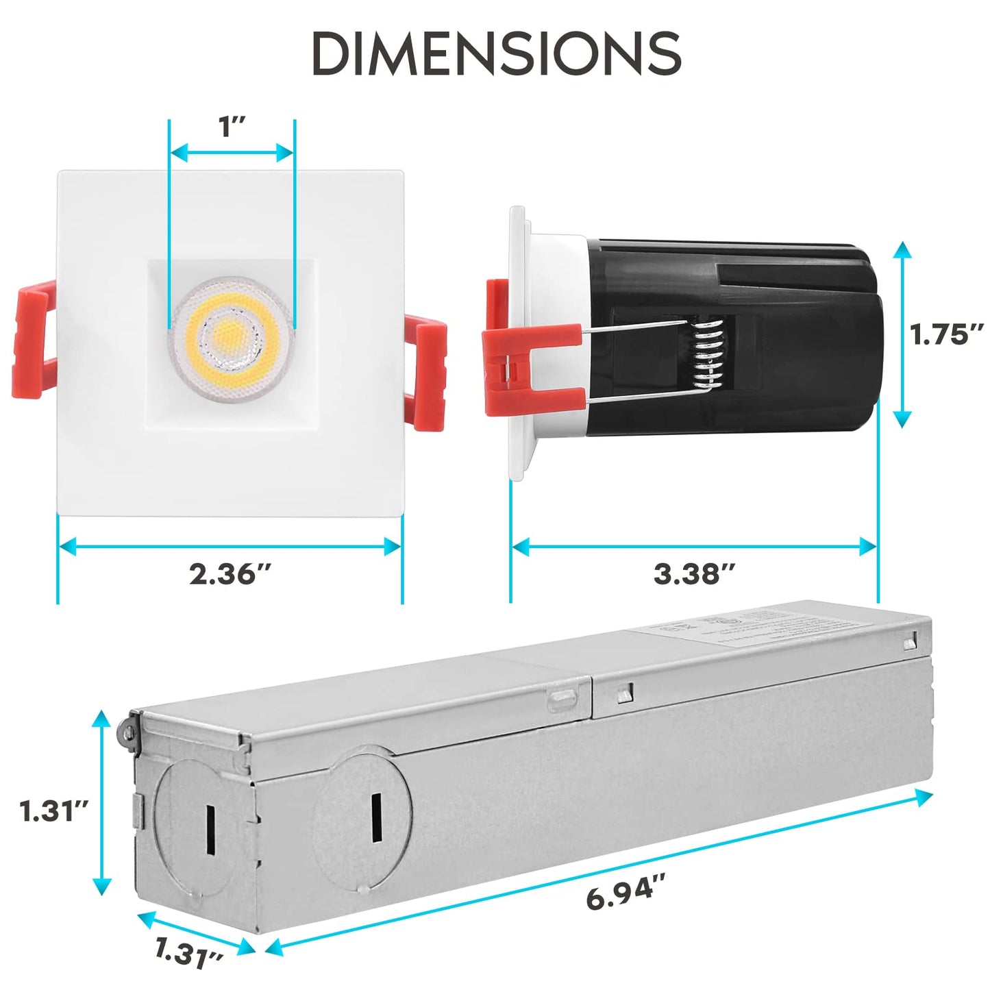 LUXRITE 1 Inch Square LED Recessed Lighting with Junction Box, 7W, 5 Color Selectable 2700K-5000K, CRI 90, 500 Lumens, 30° Spotlight, Small Dimmable Downlight, Wet Rated, IC Rated (4 Pack)