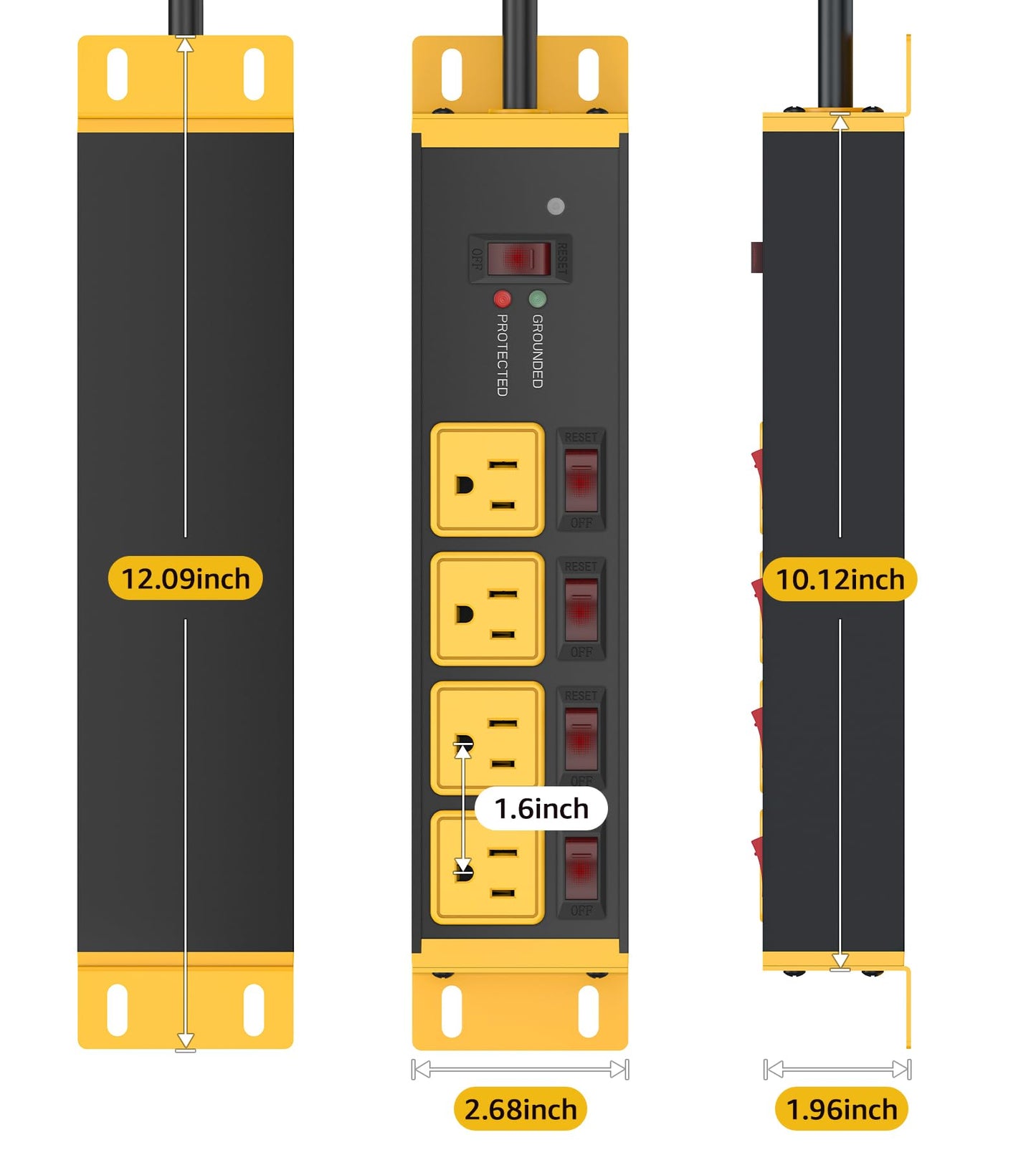 CCCEI 12 Gauge Outdoor Long Extension Cord with Multiple Outlets, 20 Amp Individual Switches Heavy Duty Surge Protector Power Strip, Garage Wall Mount Outlet Extender. 100 FT, Yellow.