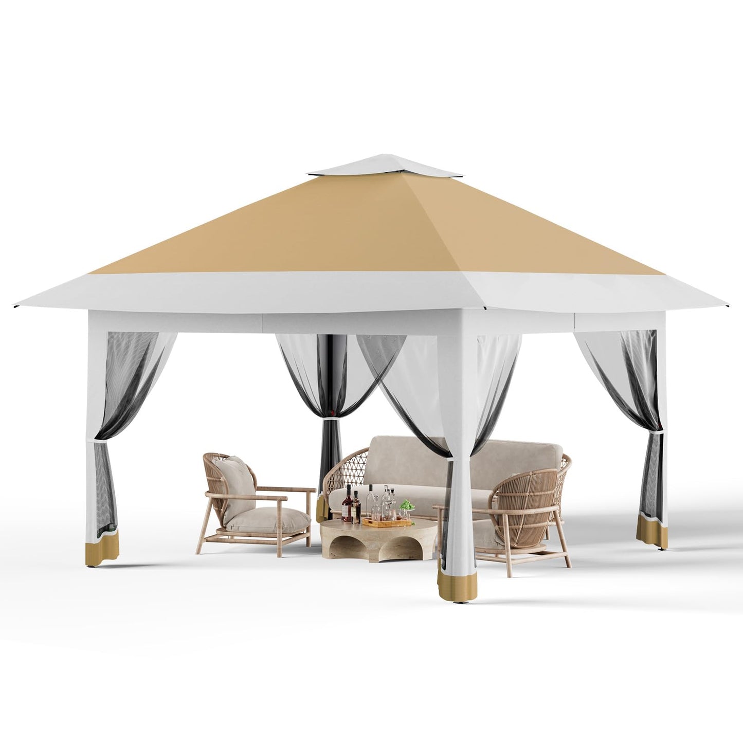 GarveeTech Pop Up Gazebo 12x12 ft Canopy Tent with Mosquito Netting, Outdoor Patio Gazebo with 3 Adjustable Heights, Tent Shelter Quick Setup Backyard Tent for Party,Wedding (Khaki)