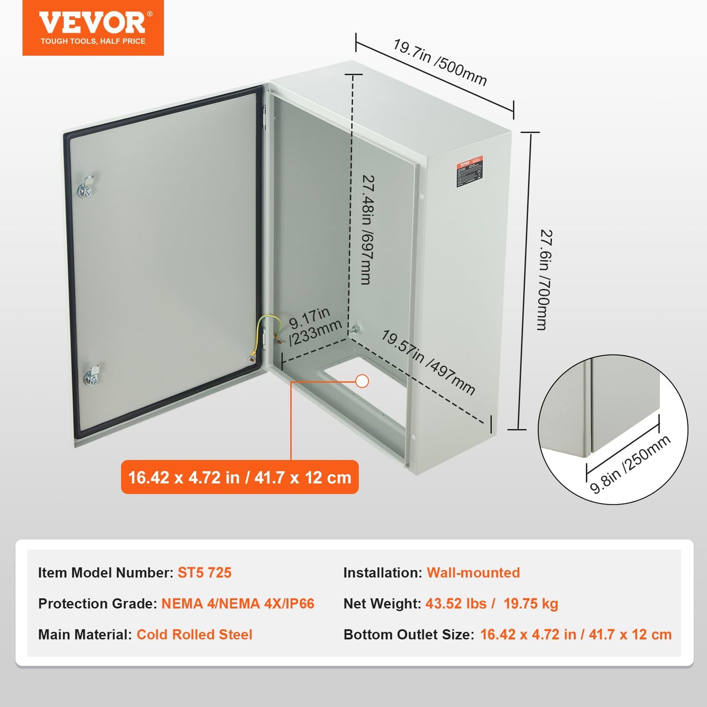 VEVOR Steel Electrical Box, 28 x 20 x 10 in, Cold Rolled Steel Electrical Enclosure Box, Wall-Mounted Outdoor Electrical Electronic Equipment Enclosure with Mounting Plate Hinges Lock, IP66 Waterproof
