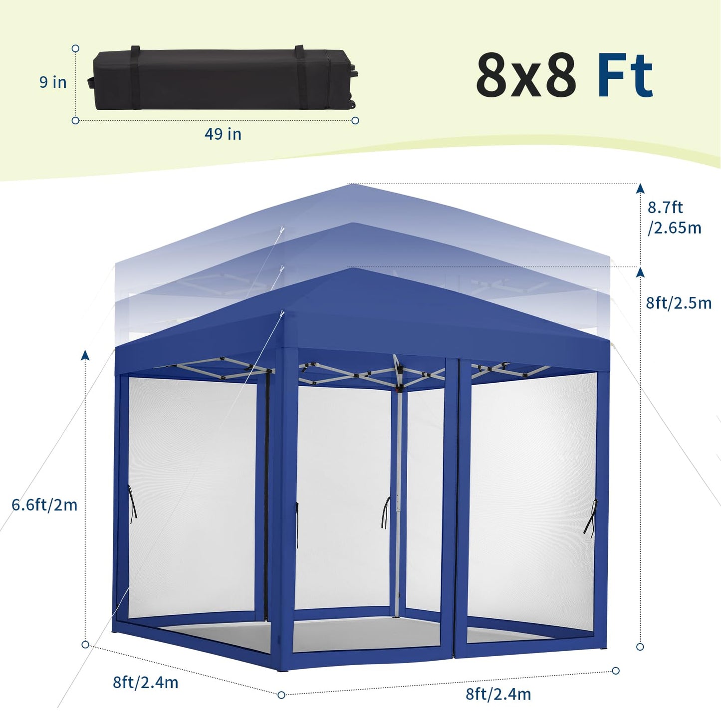 GarveeLife 8 ft x8 ft Instant Pop-Up Canopy Tent with Removable Mosquito Netting & 2 Zipper Doors, Portable Outdoor Shelter for Camping, Backyard, Picnic - Includes Wheeled Carry Bag (Blue)
