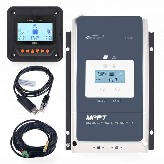 EPEVER 50A MPPT Solar Charge Controller 12/24/36/48VDC Automatically Identifying System Voltage with MT52 Remote Meter & Temperature Sensor RTS & Communication Cable RS485