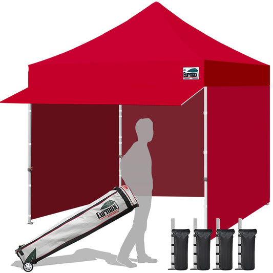 Eurmax USA 10x10 Pop Up Canopy,Commercial Tent with Patented No-Tip Rolling Bag,30sqft Extension Awning & 4 Zippered Removable Walls,UV & Water Resistant,Heavy Duty Instant Shelter Gazebo,Red