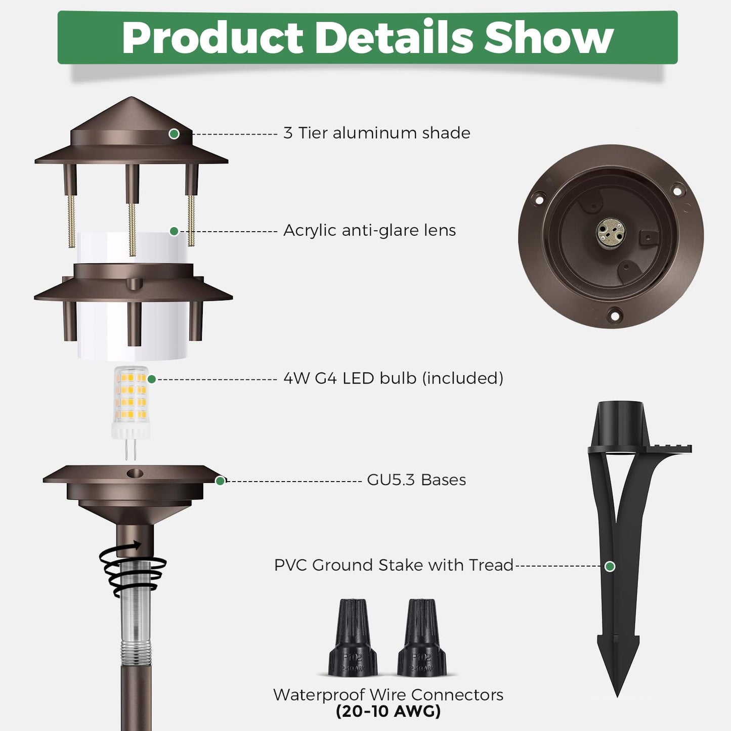 Gardencoin Pagoda Low Voltage Landscape Pathway Lights, 12V Outdoor LED Path Lights Wired, Aluminum Walkway Lighting with 4W 2700K Replaceable G4 Bulb, Bronze Classic 3-Tier Lantern, 12 Pack
