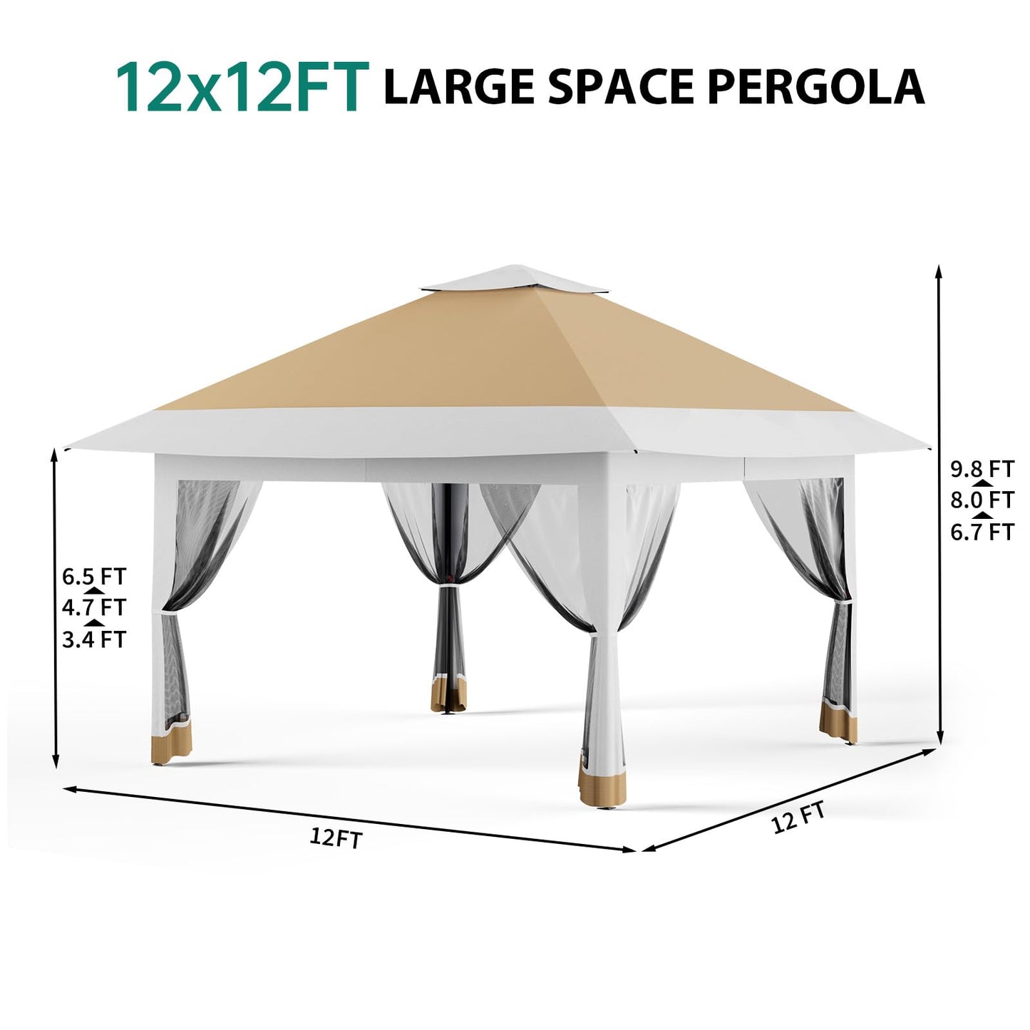 GarveeTech Pop Up Gazebo 12x12 ft Canopy Tent with Mosquito Netting, Outdoor Patio Gazebo with 3 Adjustable Heights, Tent Shelter Quick Setup Backyard Tent for Party,Wedding (Khaki)