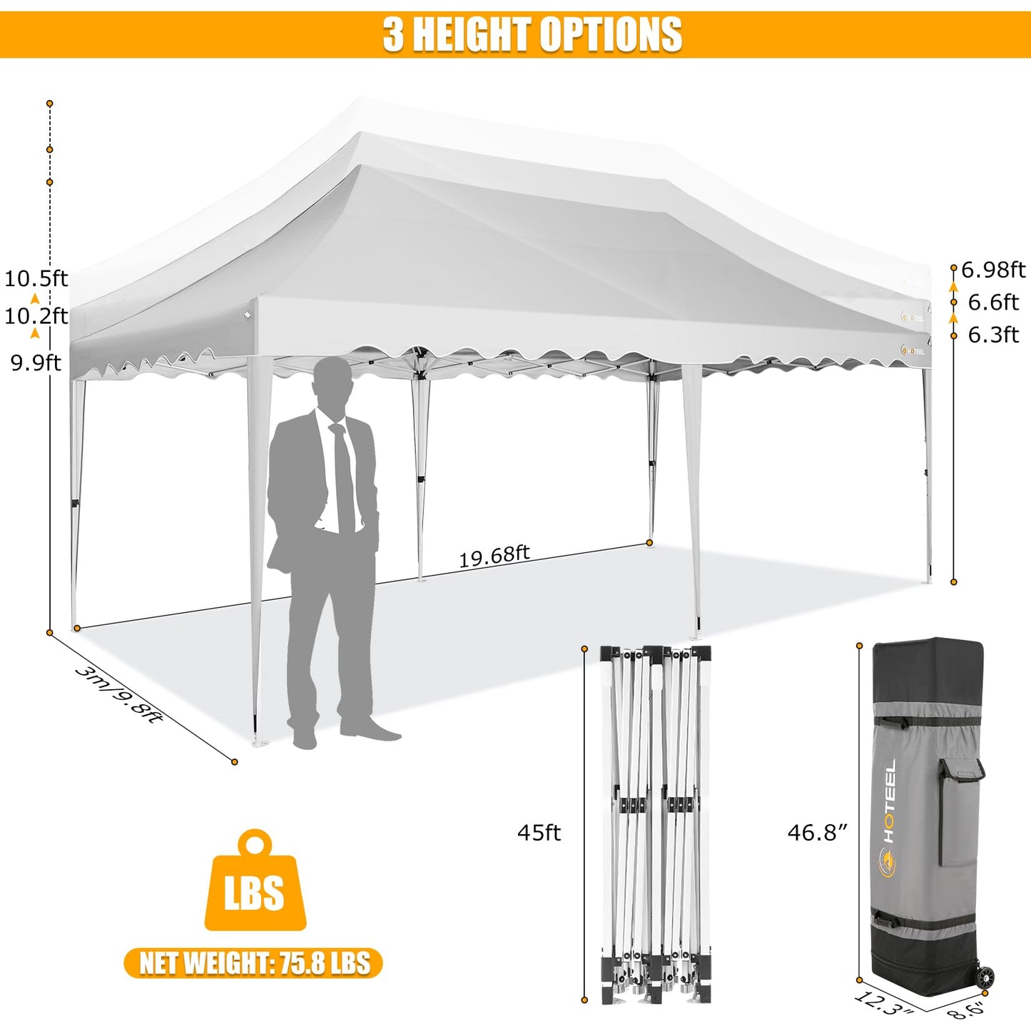 HOTEEL 10x20 Pop Up Canopy, Outdoor Easy Setup Party Tent, Waterproof Portable Enclosed Event Shelter with Wheeled Bag, Weight Bag for Backyard, Vendor, White