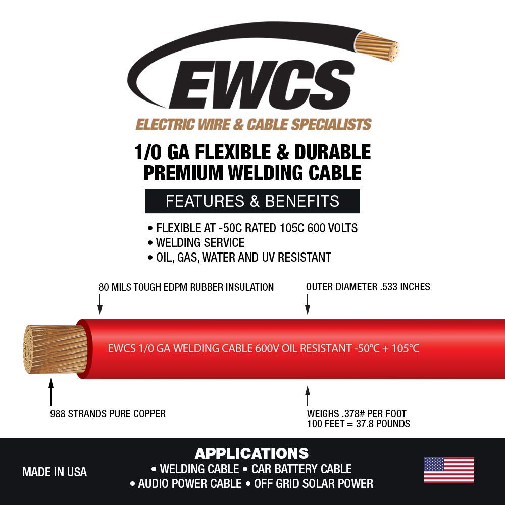 EWCS 1/0 Gauge Premium Extra Flexible Welding Cable 600 Volt - Red - 50 Feet - Made in the USA
