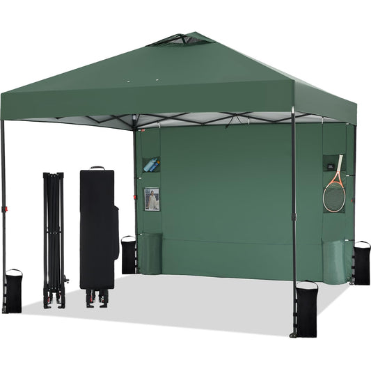 Tunbne 10'x10' Pop Up Canopy Tent with 1 Sidewall and 6 Pockets, One Push Setup, Instant Shade Tent with Vented Roof for Beach Patio Outdoor, Case, 8 Stakes, 4 Ropes, 4 Sandbags (Green, 10x10)