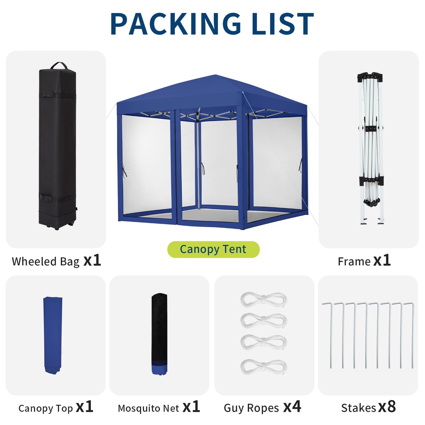 GarveeLife 8 ft x8 ft Instant Pop-Up Canopy Tent with Removable Mosquito Netting & 2 Zipper Doors, Portable Outdoor Shelter for Camping, Backyard, Picnic - Includes Wheeled Carry Bag (Blue)