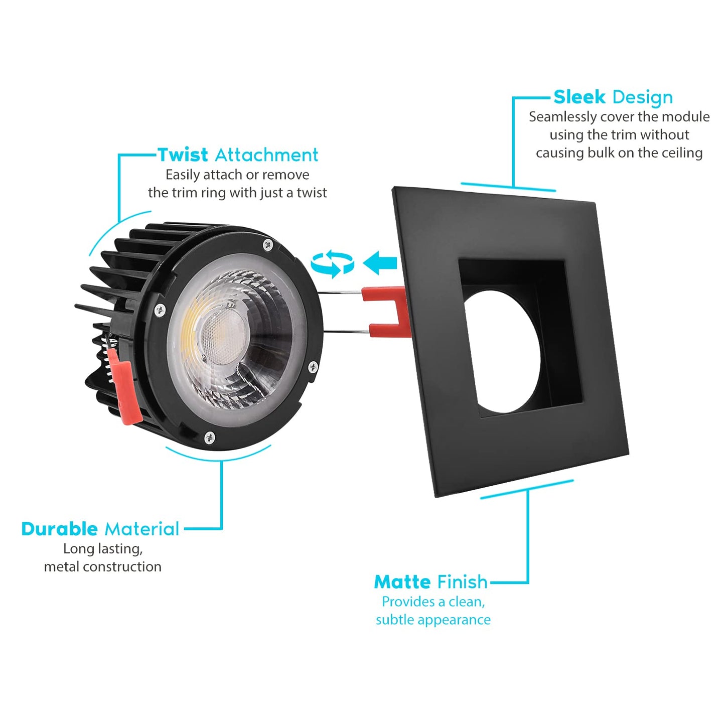 Luxrite 4 Inch Square LED Recessed Lighting with Junction Box, 15W, 5 Color Selectable 2700K-5000K, 1100 Lumens, 40° Spotlight, Dimmable Downlight, Wet Rated, IC Rated - Black Trim (4 Pack)