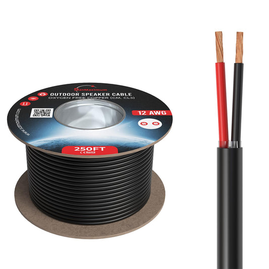 Cables Direct Online 250FT 12AWG Outdoor Speaker Cable Oxygen Free Copper 2-Conductors, Direct Burial, Weather Resistant, UV CL3 CM Rated, OFC Strands Low Voltage, Drum