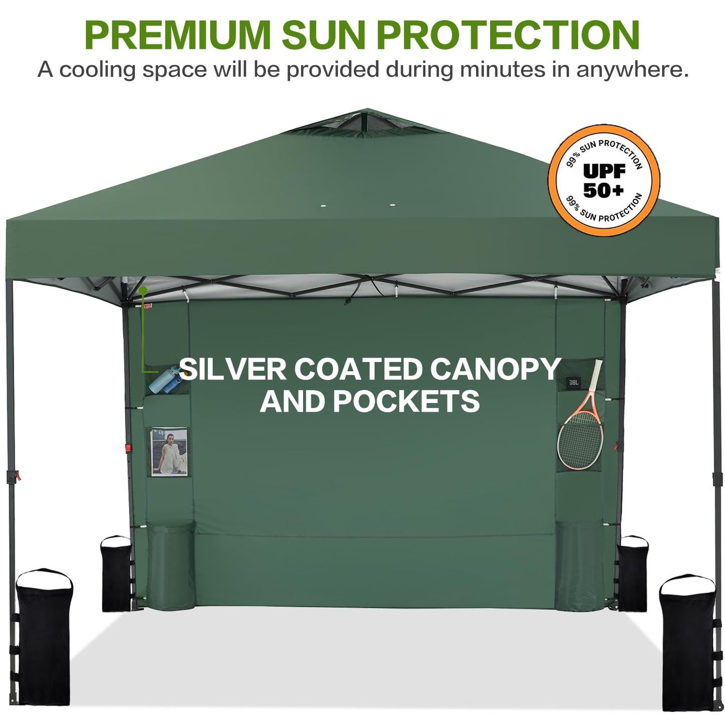 Tunbne 10'x10' Pop Up Canopy Tent with 1 Sidewall and 6 Pockets, One Push Setup, Instant Shade Tent with Vented Roof for Beach Patio Outdoor, Case, 8 Stakes, 4 Ropes, 4 Sandbags (Green, 10x10)