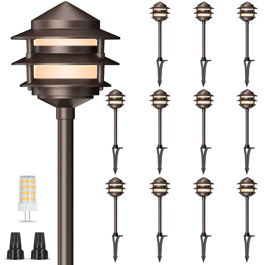 Gardencoin Pagoda Low Voltage Landscape Pathway Lights, 12V Outdoor LED Path Lights Wired, Aluminum Walkway Lighting with 4W 2700K Replaceable G4 Bulb, Bronze Classic 3-Tier Lantern, 12 Pack