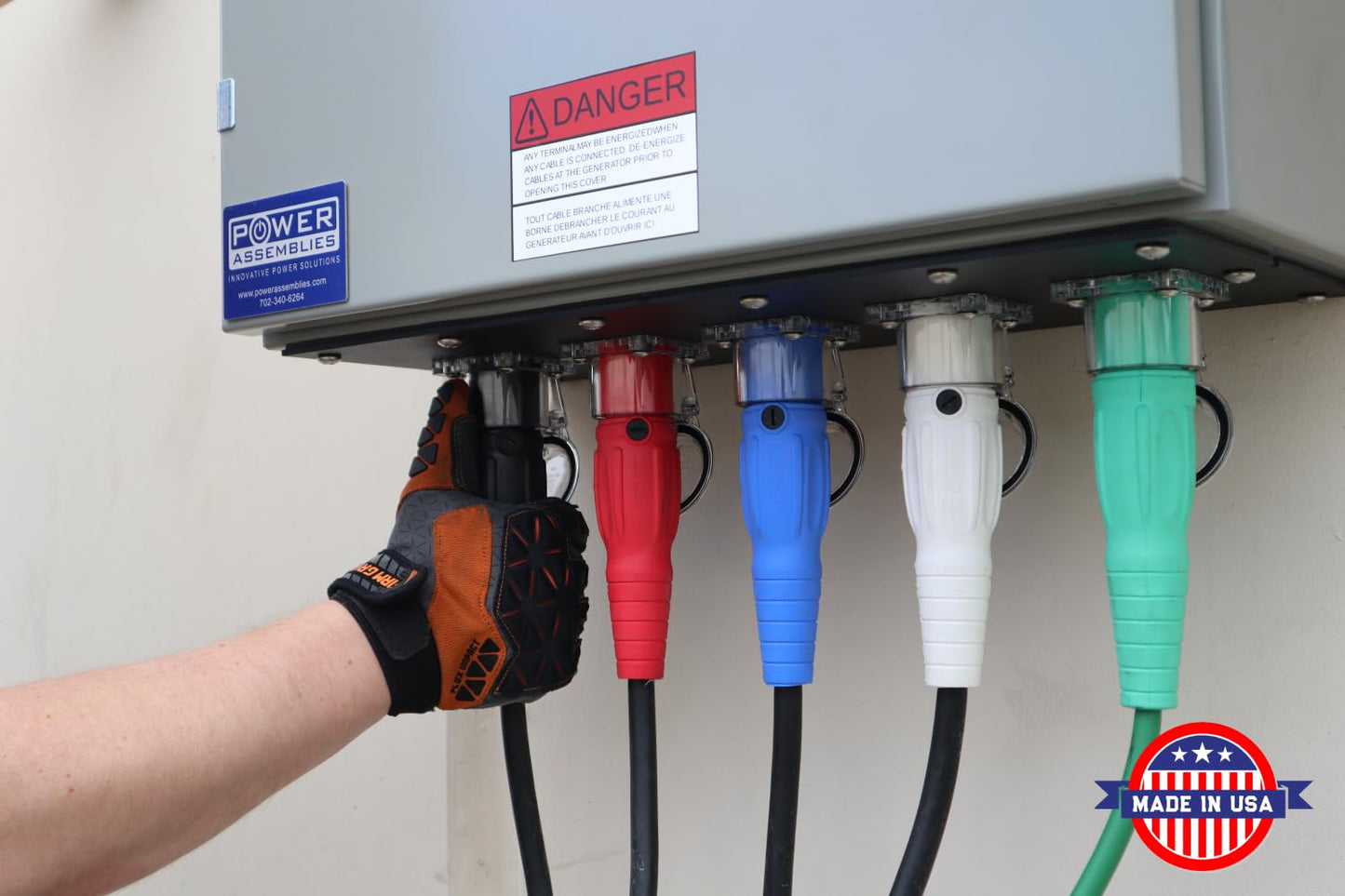 Power Assemblies Camlock Connection Box, 400 Amp, 120/208V, 3 Phase, 4 Wire, NEMA 4/12 Box with Camlock Series 16 Male Inputs, Double Set Screw Wall-Mount Power Distribution Box, BLK/RED/BLU/WHT/GRN