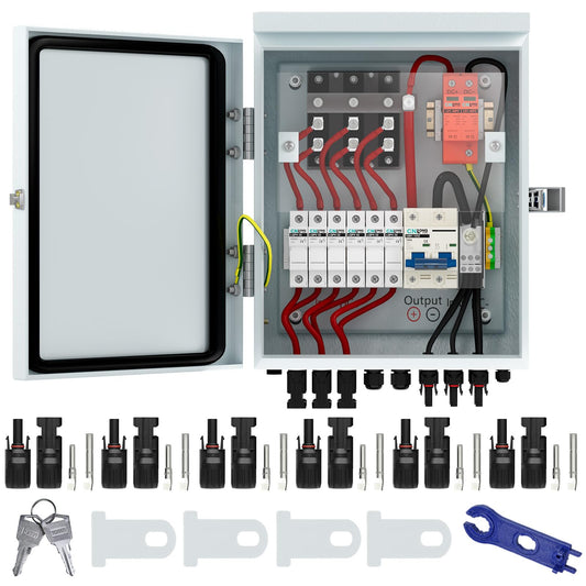 CNLonQcom 6 Strings Metal Solar PV Combiner Box DC500V 100A Circuit Breaker with Surge Protector, 15A Fuses and Radiator, Outdoor IP66 Waterproof for Solar Panels System