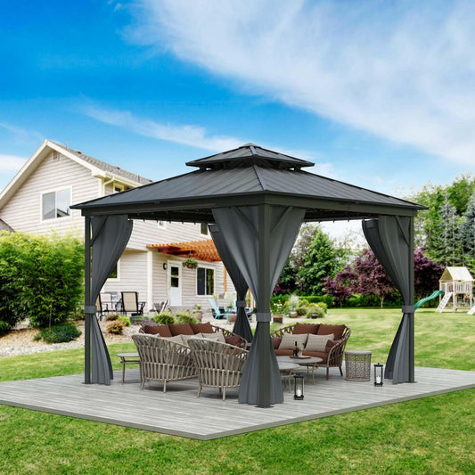 12x12FT Hardtop Gazebo, Heavy-Duty Aluminum Frame Canopy with Galvanized Steel Double Roof, Outdoor Pergola with Mosquito Netting & Waterproof Curtains for Patio, Backyard, Deck & Lawn