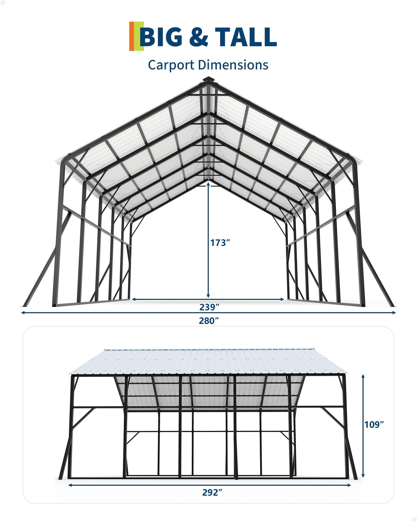 GarveeLife 20x25 ft Vertical Roof Metal Car Port, with 120° Steep-Pitch Roof for Snow Shedding, 173" High-Clearance RV & Tractor Shelter, Heavy-Duty 2 Cars Car Port with Reinforced Frame