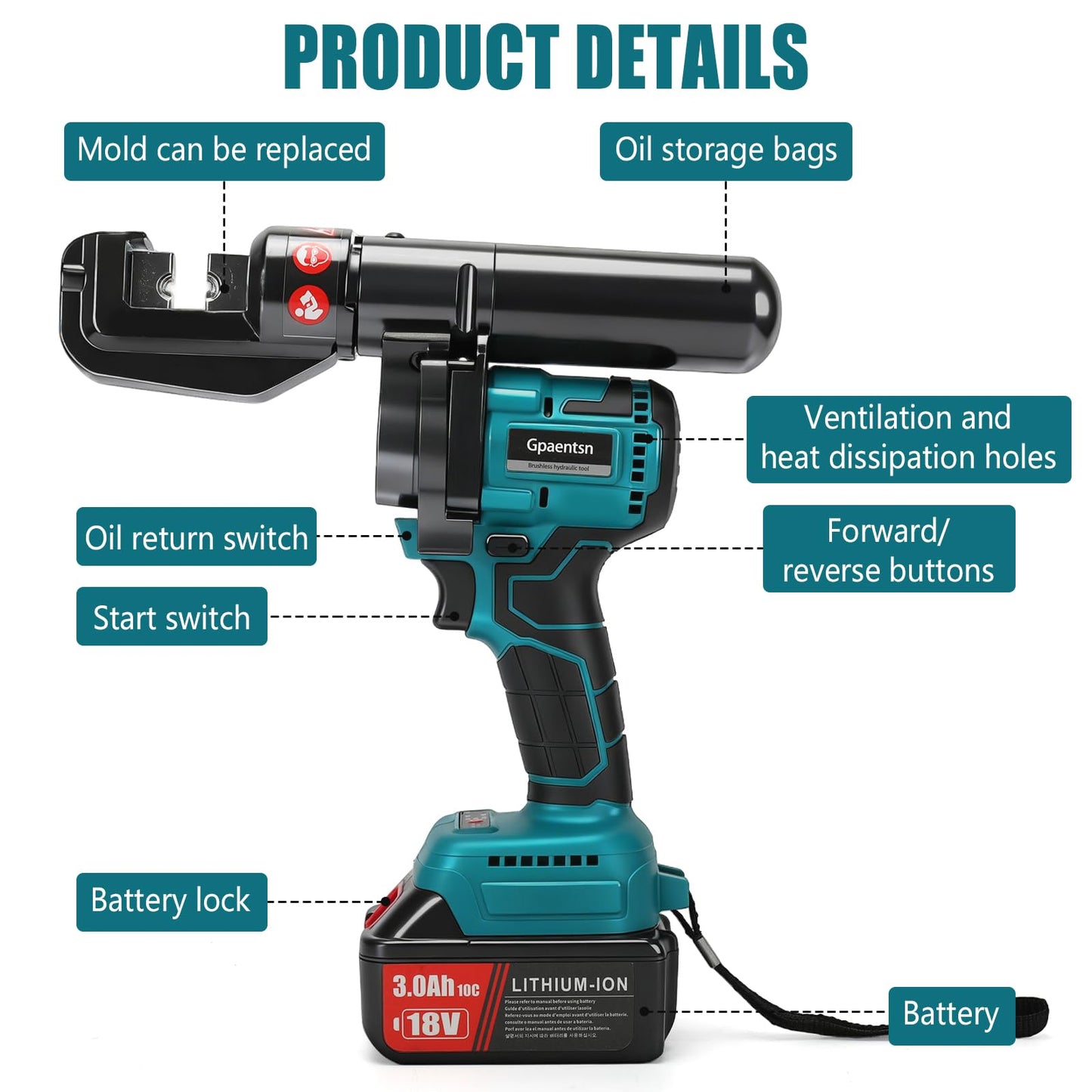 Gpaentsn Hydraulic Crimping Pliers Tool Cordless, Electric Hydraulic Cable Lug Crimping Tool Kit with 20 Dies(12AWG~00AWG) for 12 AWG to 2/0 AWG Terminal, Cable