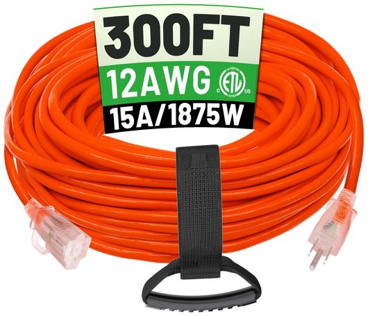 POWGRN 300 ft 12/3 Outdoor Extension Cord Waterproof Heavy Duty with Lighted End 12 Gauge 3 Prong, Flexible Cold-Resistant Long Power Cord Outside, 15Amp 1875W SJTW Orange ETL Listed