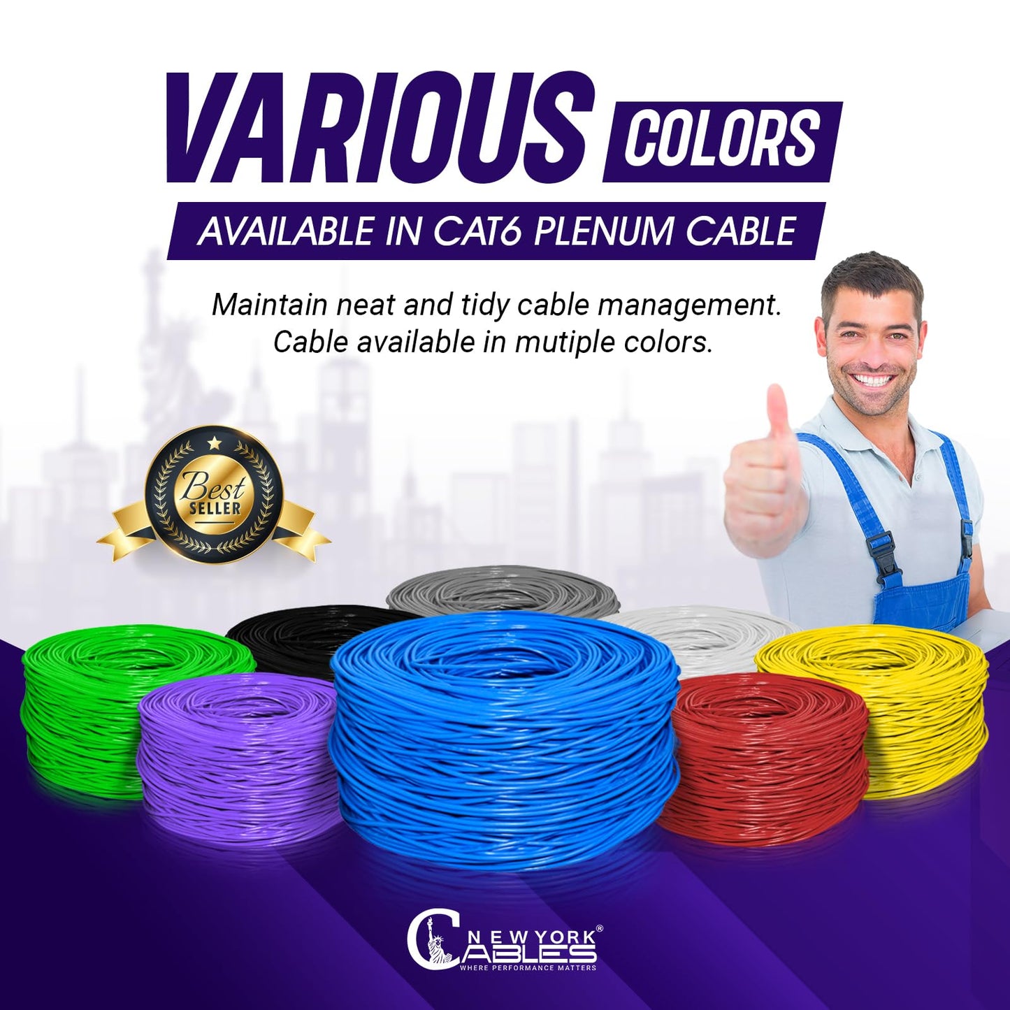 Newyork Cables | CAT6 Plenum Cable 1000ft | 23AWG, UTP 4Pairs, 550MHz 10Gbps Most Certified (CMP) Rated | Fire-Retardant Jacket | Bulk Cat 6 Ethernet Cable for Networking (Solid Conductor, Blue)