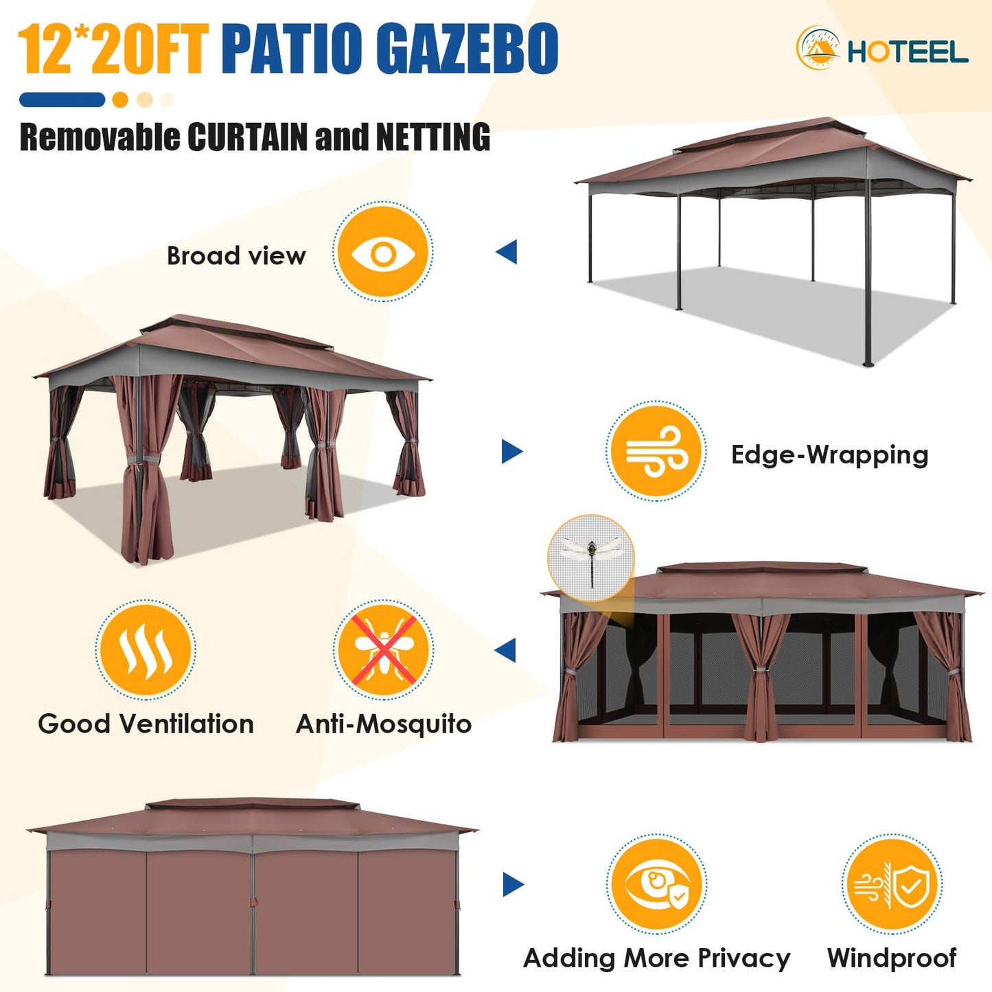 HOTEEL Gazebo 12x20, Outdoor Gazebo on Clearance with Double Ventilated Arc Roof, Privacy Curtains & Mosquito Netting, Easy Set up Canopy Tent with Stable Metal Frame for Patio, Brown