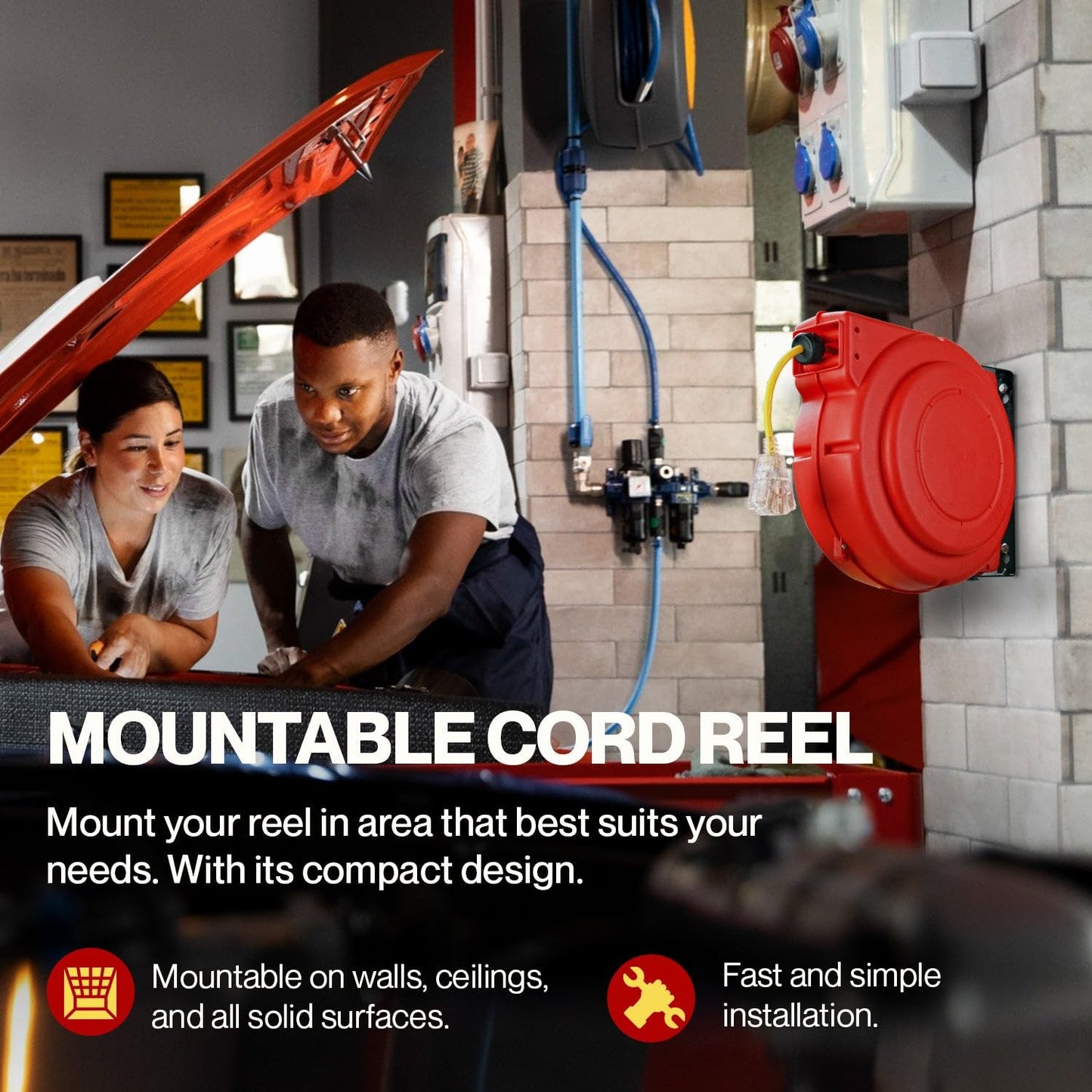ReelWorks Extension Cord Reel Retractable Longest Industrial 12awg x 80' Foot Commercial Premium Grade Ultra Flexible 3C/SJTOW Glow Strip Cable and Led Light Up Triple Tap Connector Use Indoor/Outdoor