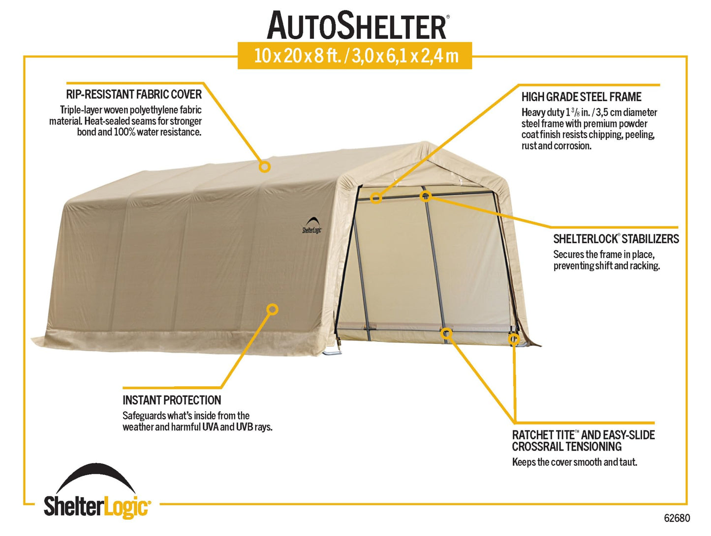 ShelterLogic 10' x 20' x 8' Peak Style Roof Instant Garage Carport Car Canopy with Steel Frame and Waterproof UV-Treated Cover, Sandstone