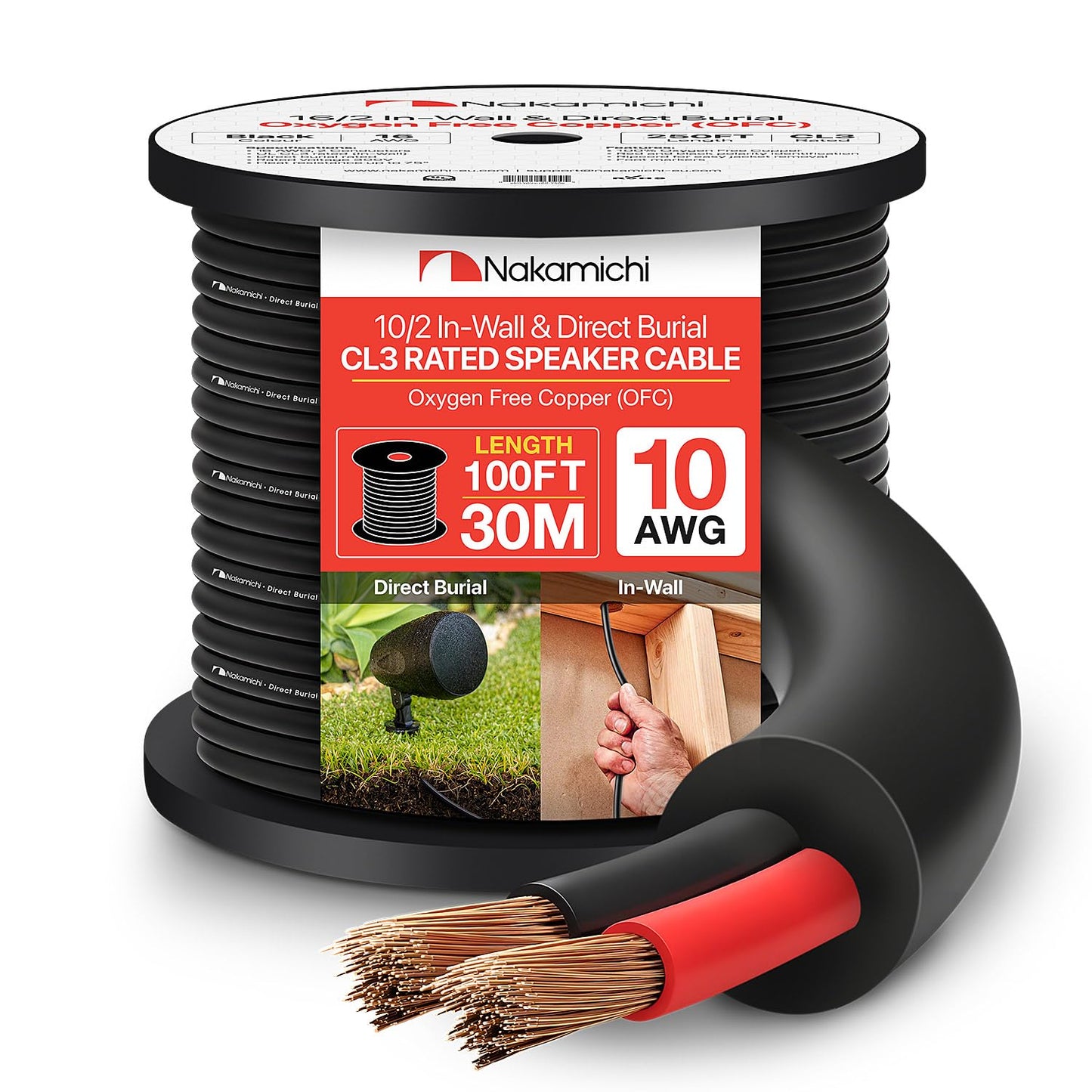 Nakamichi 10/2 (100-Foot) in-Wall & Direct Burial (UL CL2 CL3 Rated) Oxygen-Free Copper (OFC) 2-Conductor Speaker Cable Wire, Outdoor In-Ground, in-Ceiling, Riser, Black (10AWG / 100ft / 30.48m)