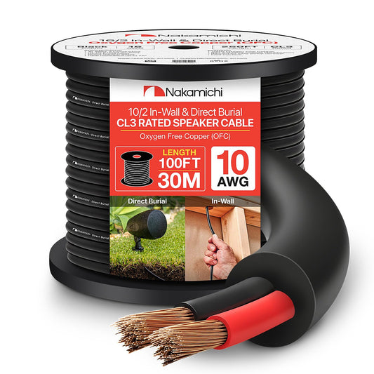 Nakamichi 10/2 (100-Foot) in-Wall & Direct Burial (UL CL2 CL3 Rated) Oxygen-Free Copper (OFC) 2-Conductor Speaker Cable Wire, Outdoor In-Ground, in-Ceiling, Riser, Black (10AWG / 100ft / 30.48m)